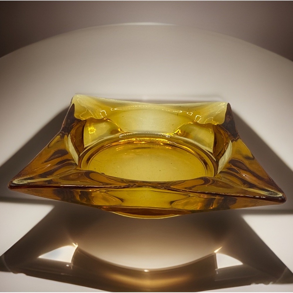 Vintage Square Honey Amber Glass Ashtray 4.5" Mid-Century Modern